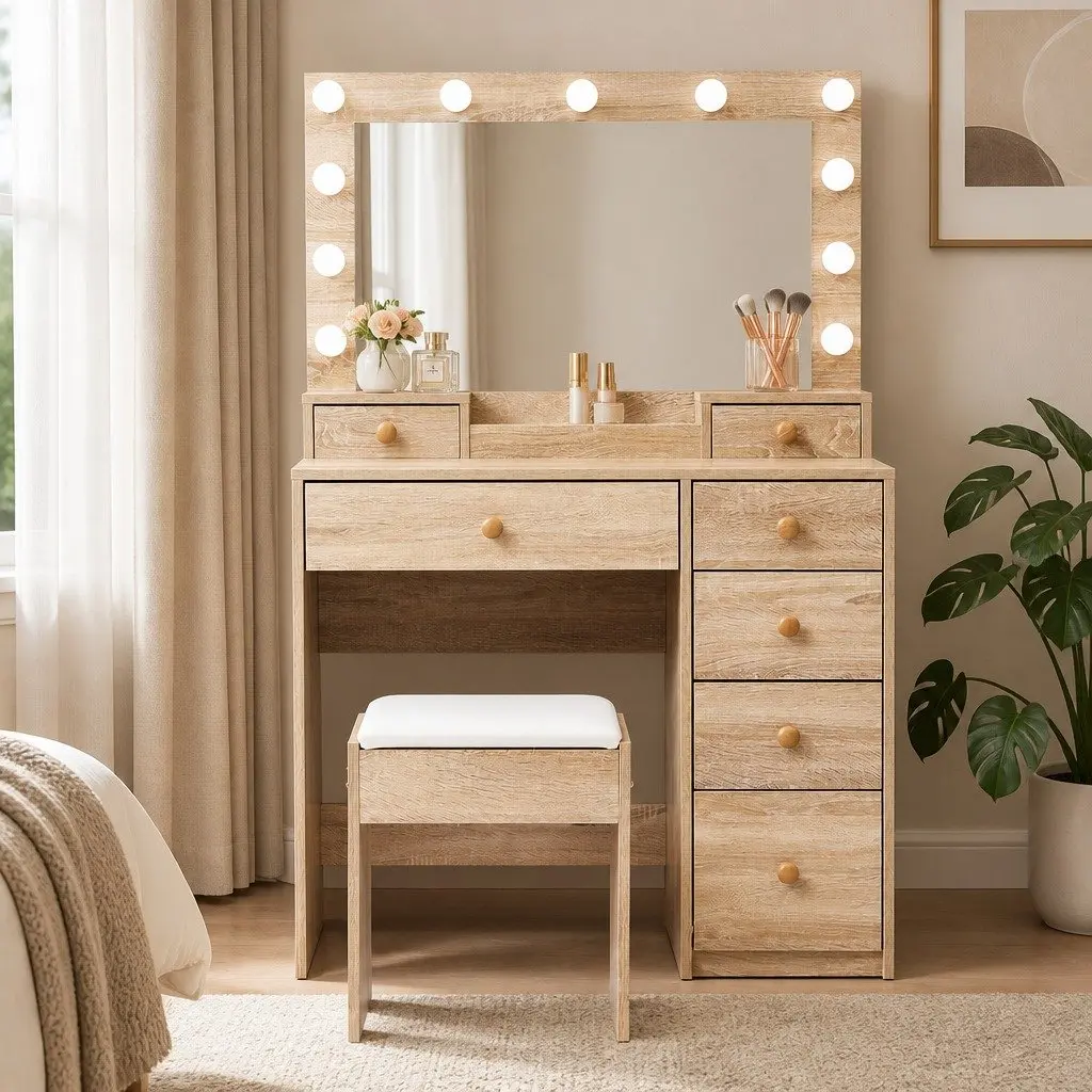 Dressing Table Set Oak 11 LED Bulbs Adjustable Brightness USB Powered with Stool and Storage Drawers