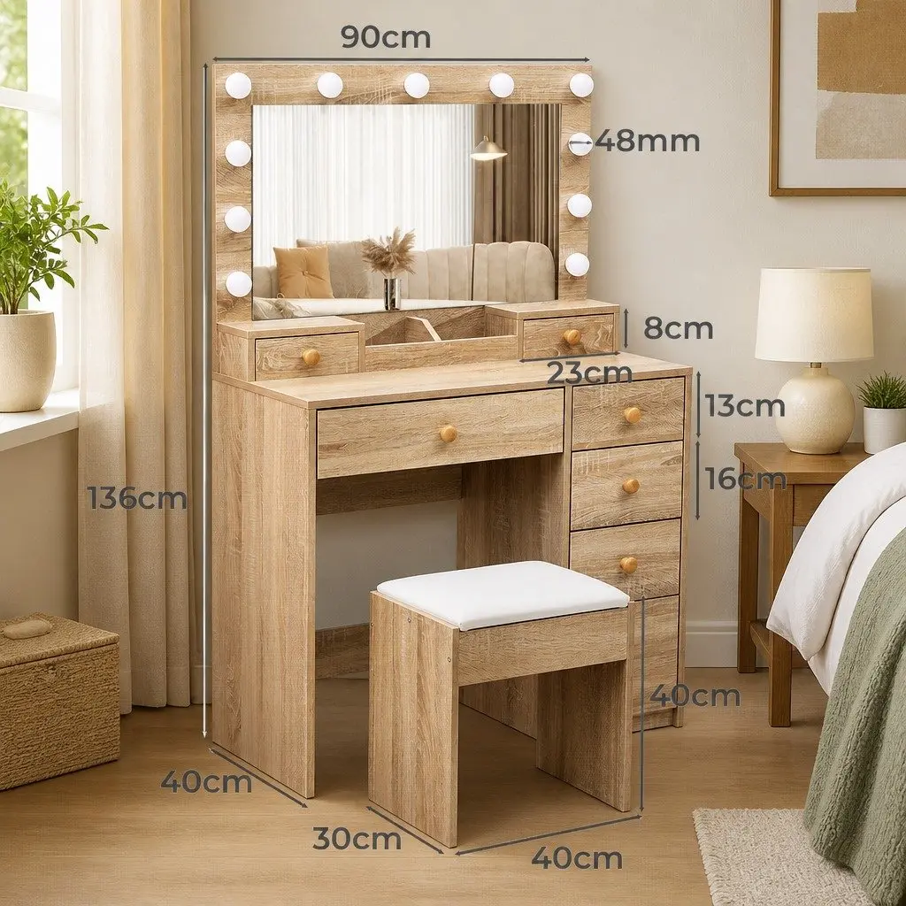 Dressing Table Set Oak 11 LED Bulbs Adjustable Brightness USB Powered with Stool and Storage Drawers