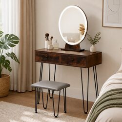 Dressing Table with LED Light Strip Mirror Makeup Vanity Brown Stool Storage