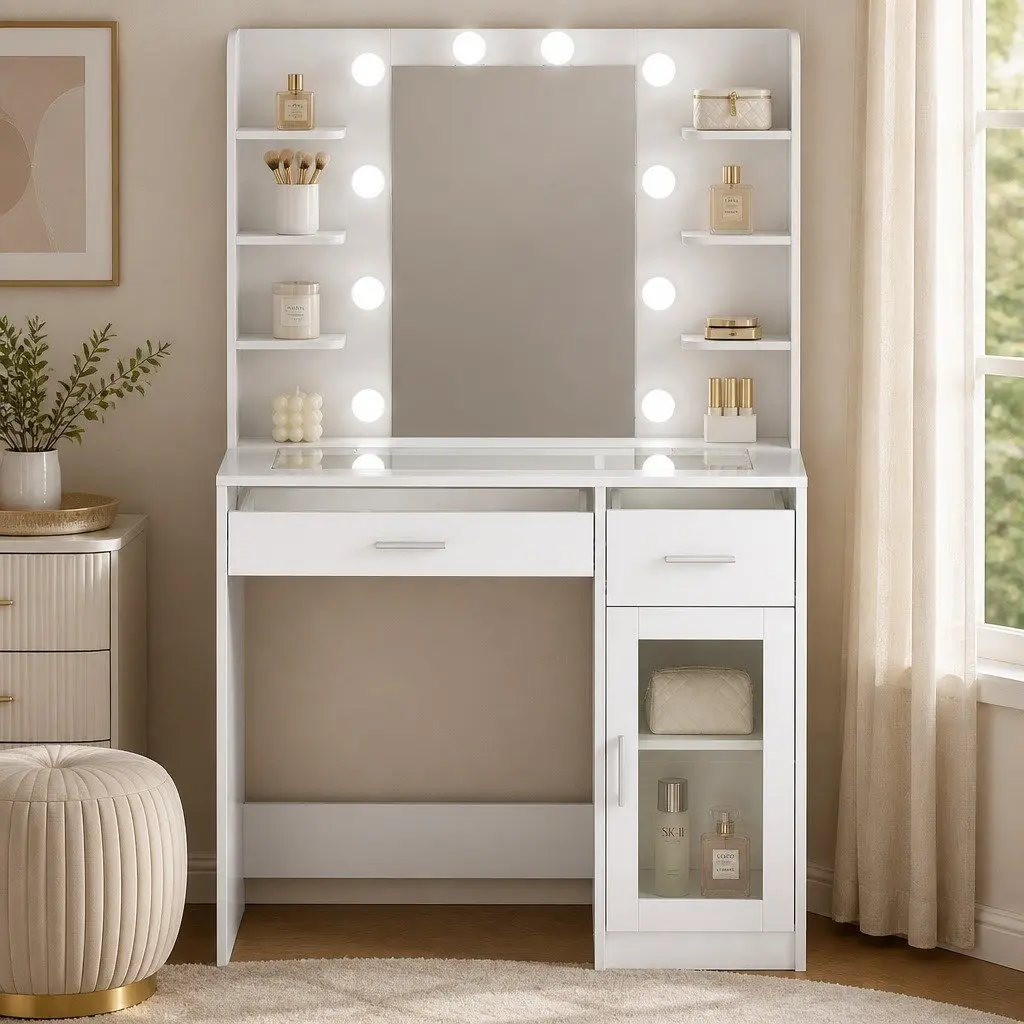 Vanity Desk Dressing Table with LED Lights Adjustable Brightness Storage Drawers Shelves