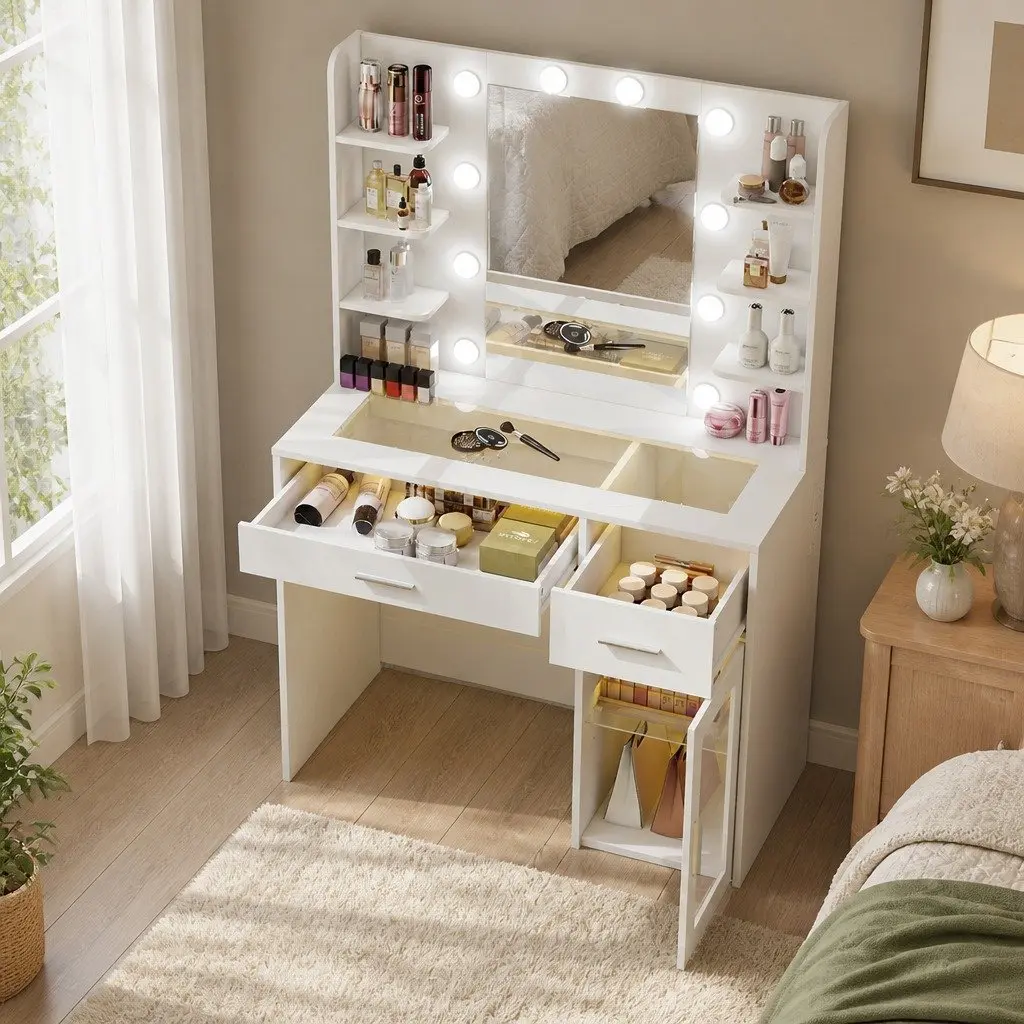 Vanity Desk Dressing Table with LED Lights Adjustable Brightness Storage Drawers Shelves
