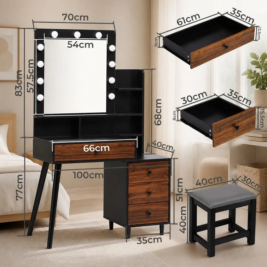 Dressing Table Stool Set with Adjustable Brightness LED Mirror and Ample Storage Drawer in Black Brown