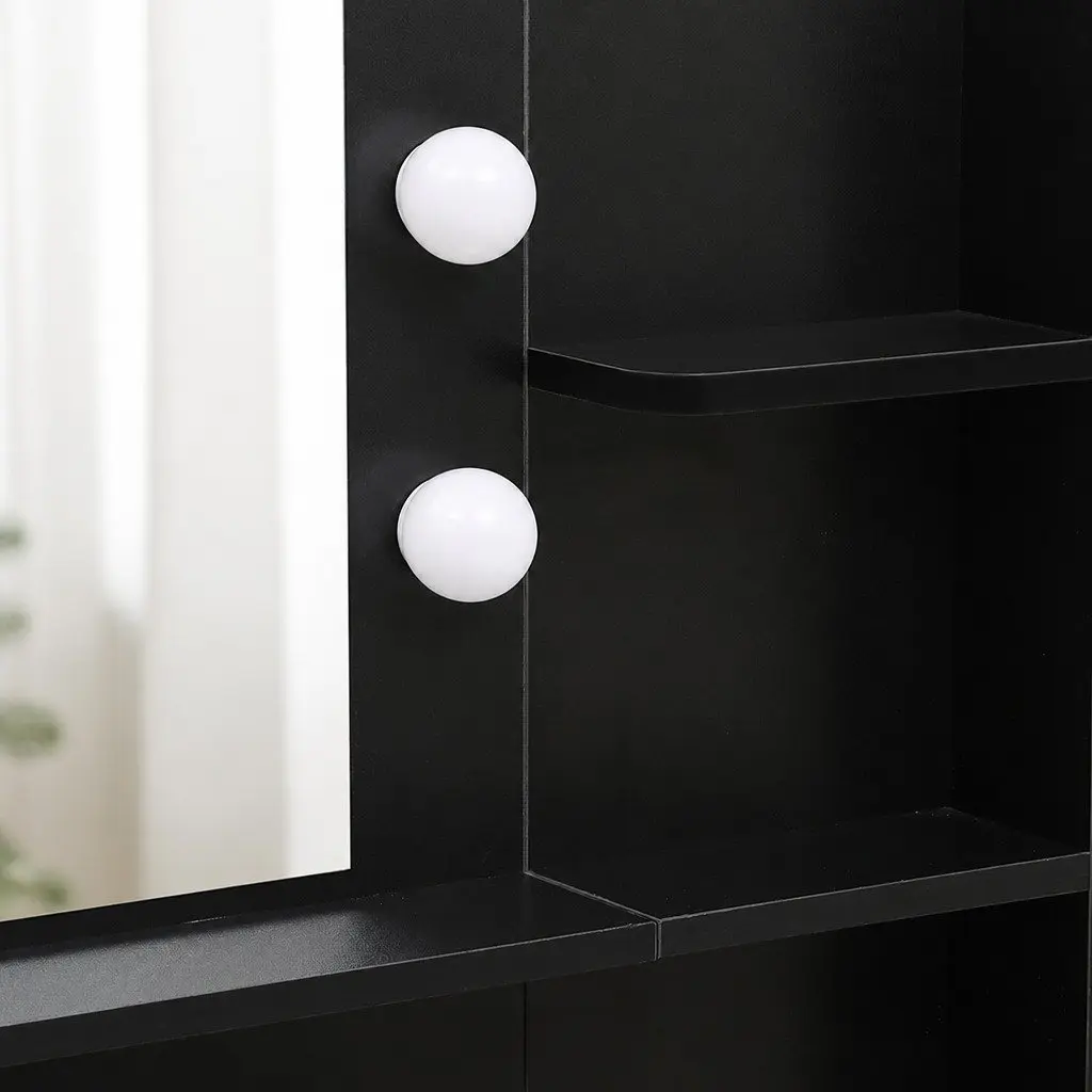 Dressing Table Stool Set with Adjustable Brightness LED Mirror and Ample Storage Drawer in Black Brown