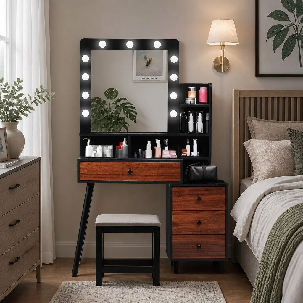 Dressing Table Stool Set with Adjustable Brightness LED Mirror and Ample Storage Drawer in Black Brown