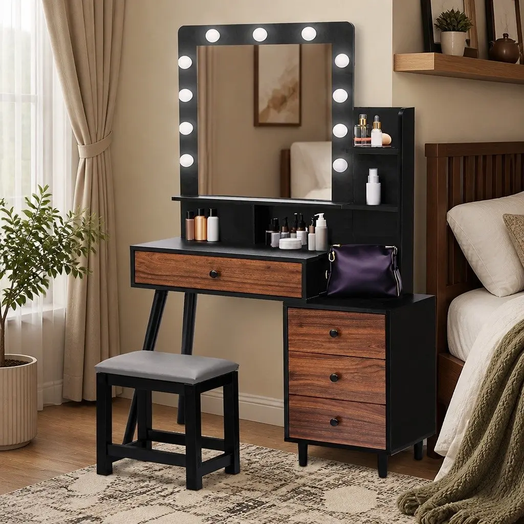 Dressing Table Stool Set with Adjustable Brightness LED Mirror and Ample Storage Drawer in Black Brown