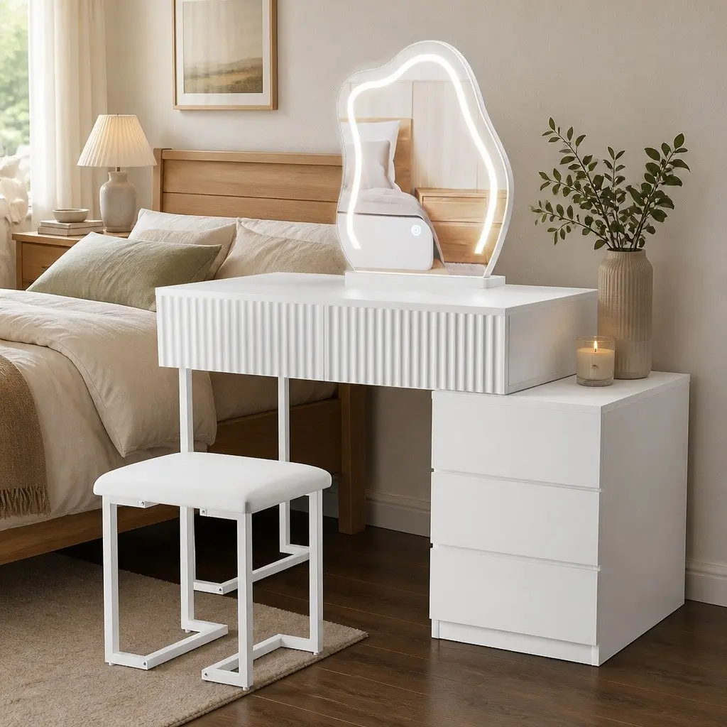 Dressing Table Set with LED Mirror and Stool Adjustable Brightness Storage Drawers