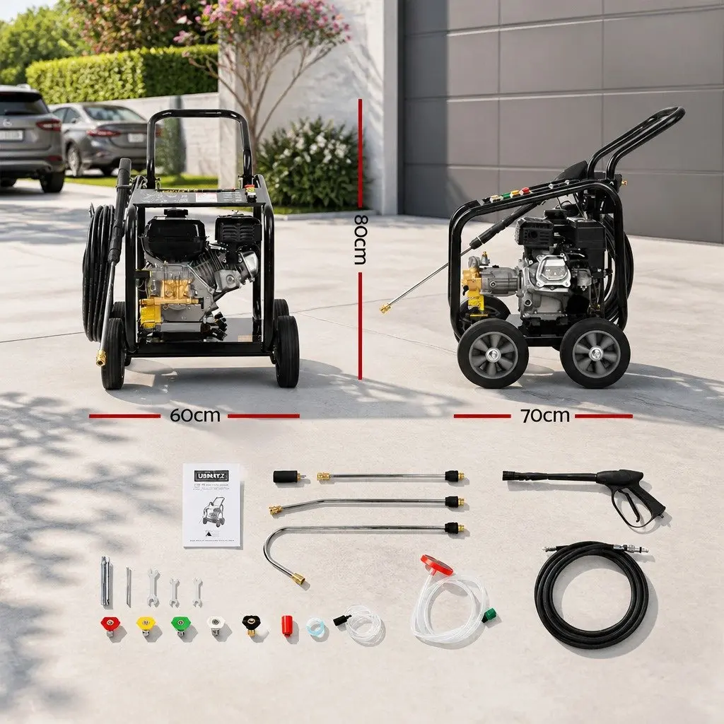 High Pressure Washer 3000psi 20M Hose Petrol Engine with Turbo Head and Adjustable Nozzles