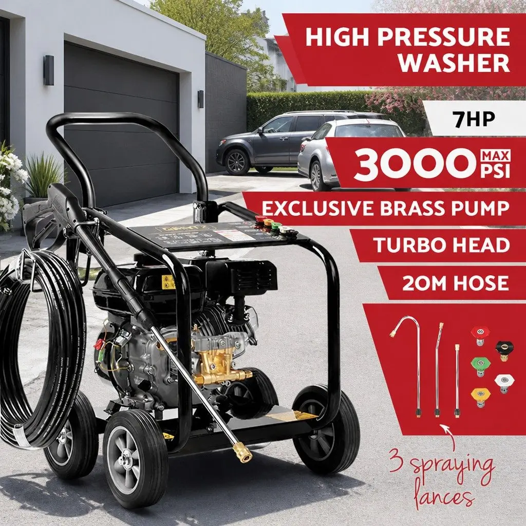 High Pressure Washer 3000psi 20M Hose Petrol Engine with Turbo Head and Adjustable Nozzles
