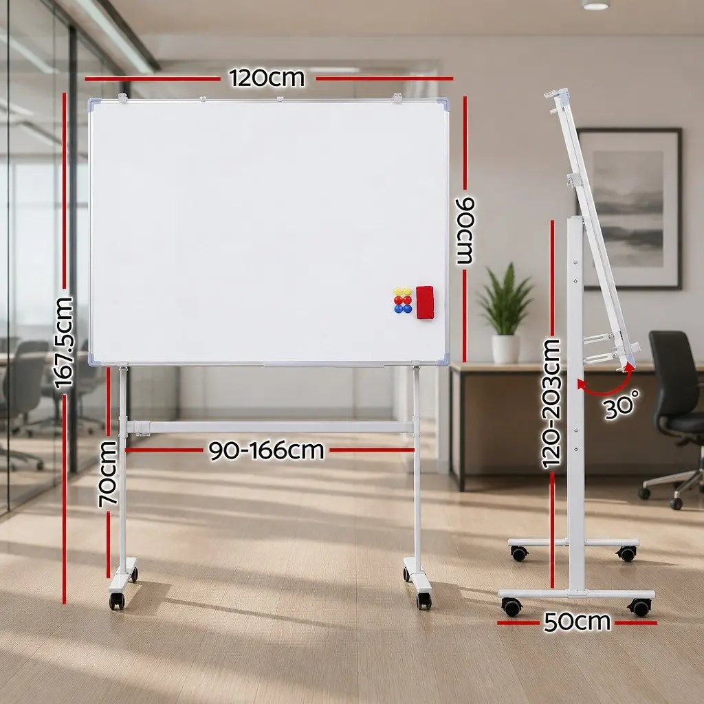 Double-Sided Magnetic Whiteboard 90x120cm Smooth-Rolling Lockable Wheels Yellow Erase