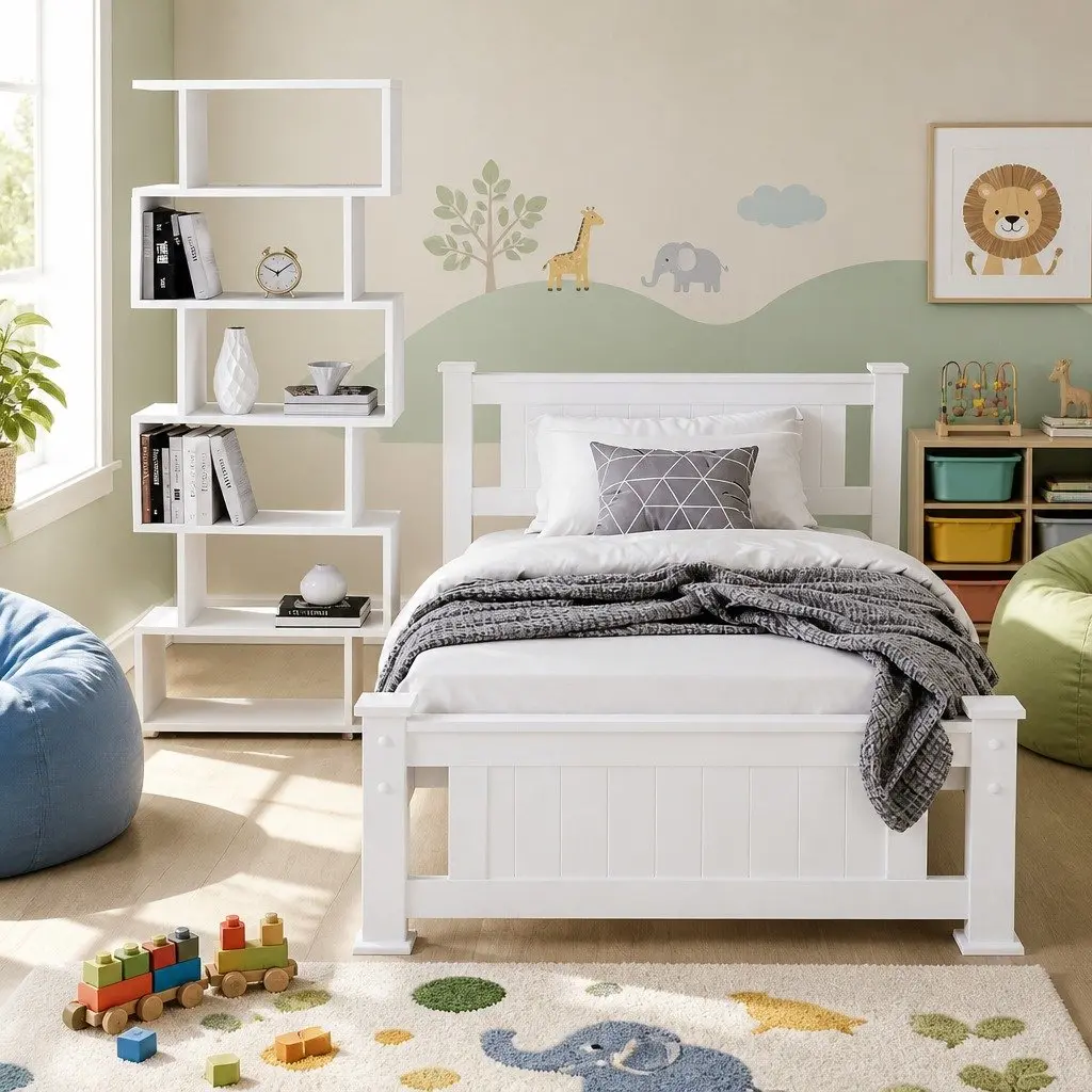 King Single Bed Frame White with Storage S-Shape Display Bookshelf Set