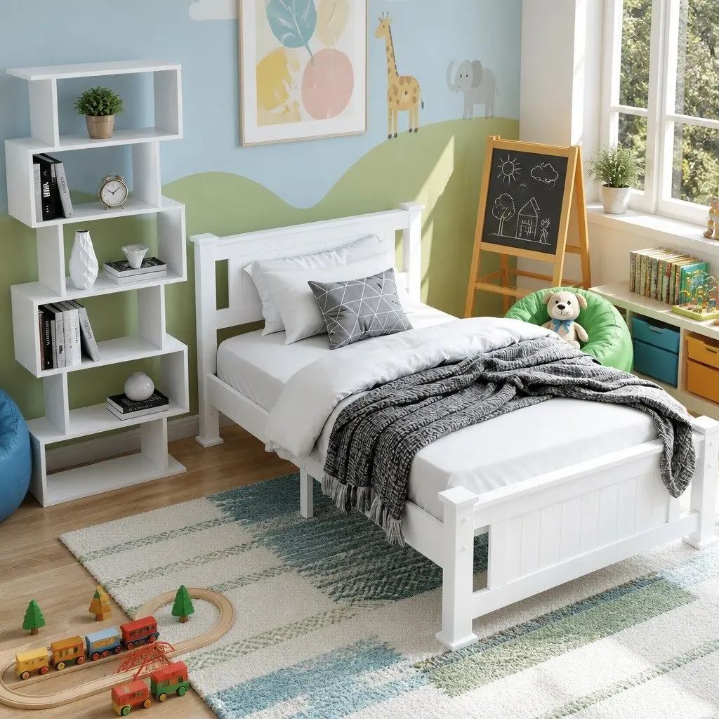 King Single Bed Frame White with Storage S-Shape Display Bookshelf Set