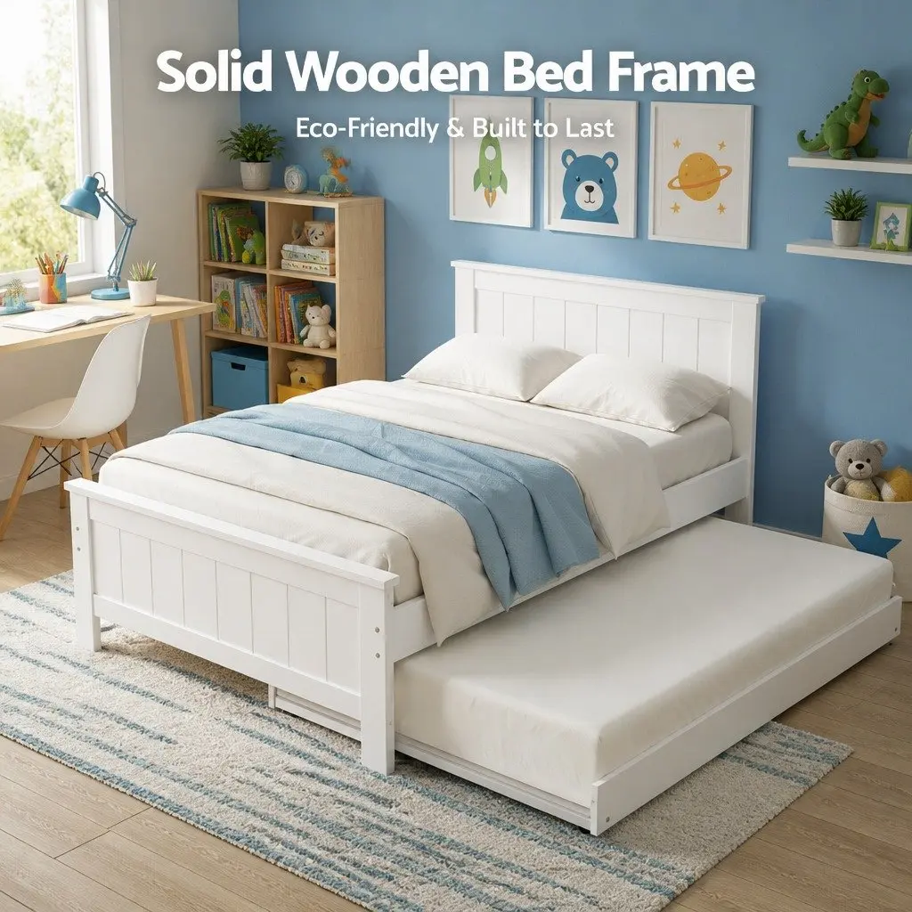 King Single Trundle Bed Frame with Bedside Storage and Shelves White