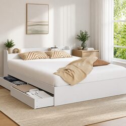 Double Bed Frame with USB Charging Ports Storage Headboard and 2 Drawers White
