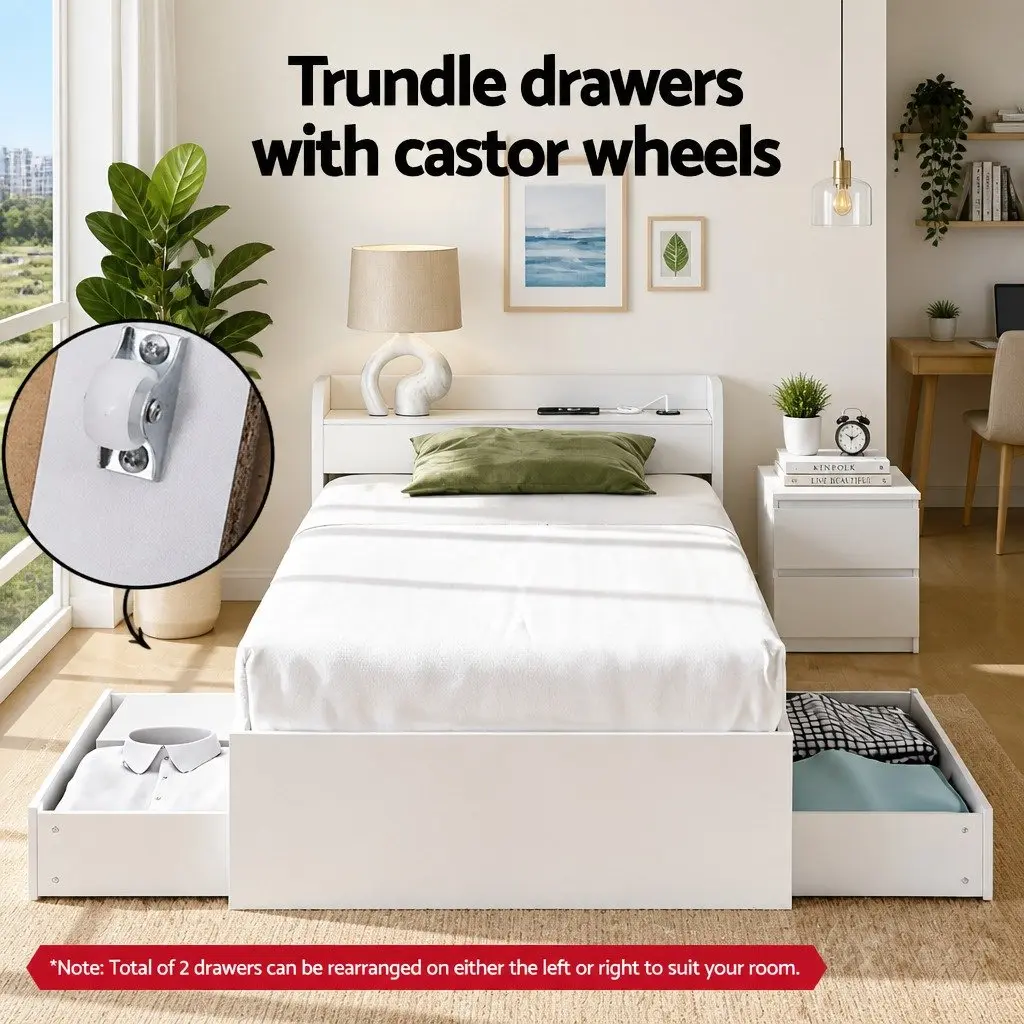 Single Bed Frame with Bedside Table White Wooden Storage Headboard USB Charging Ports