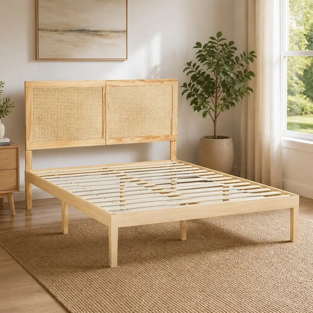 Double Bed Frame with Rattan Headboard Wooden Slatted Base Pine Bedroom