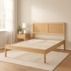 Queen Size Bed Frame with Rattan Headboard Wooden Base Pine Oak Bedroom