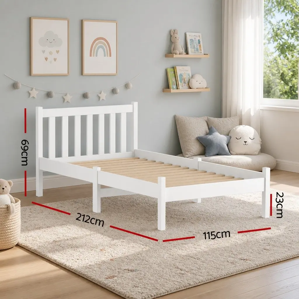 King Single Bed Frame White Pine Timber Solid Construction with Headboard
