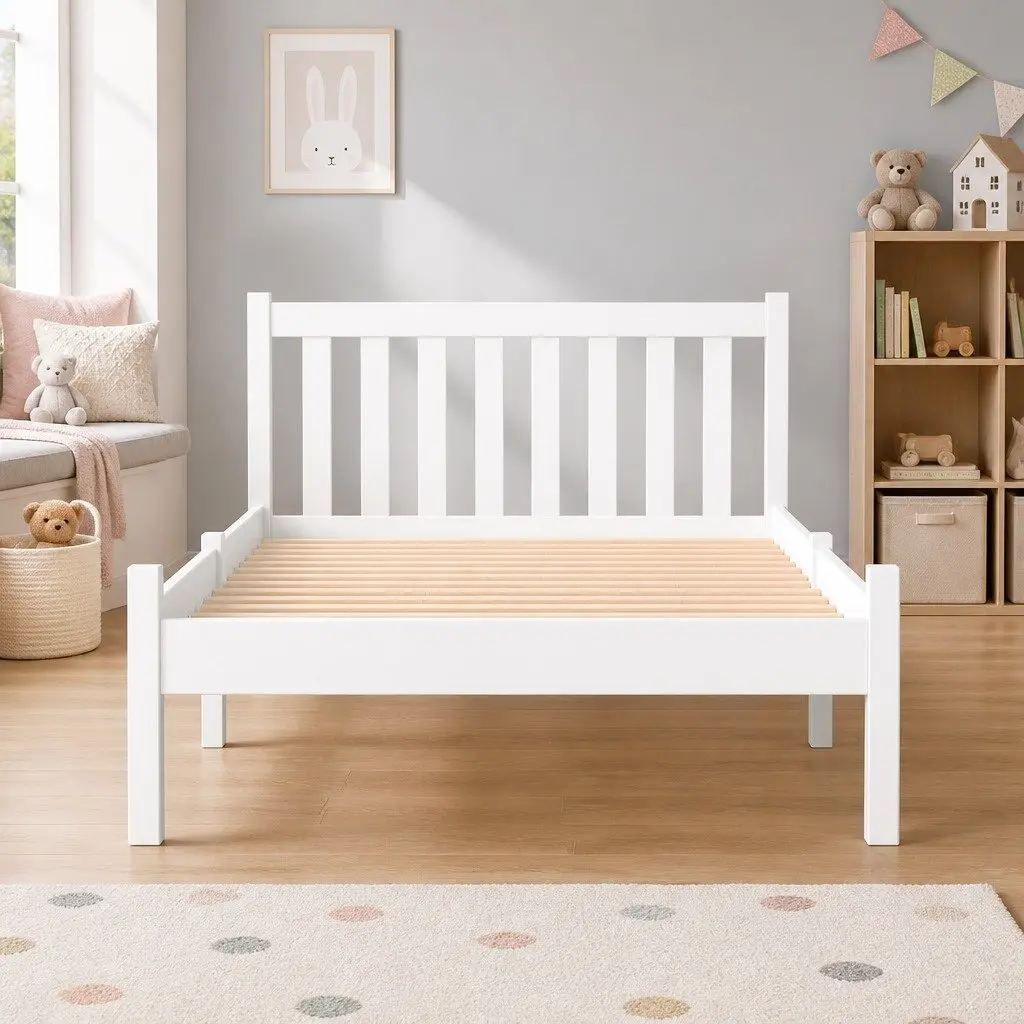 King Single Bed Frame White Pine Timber Solid Construction with Headboard