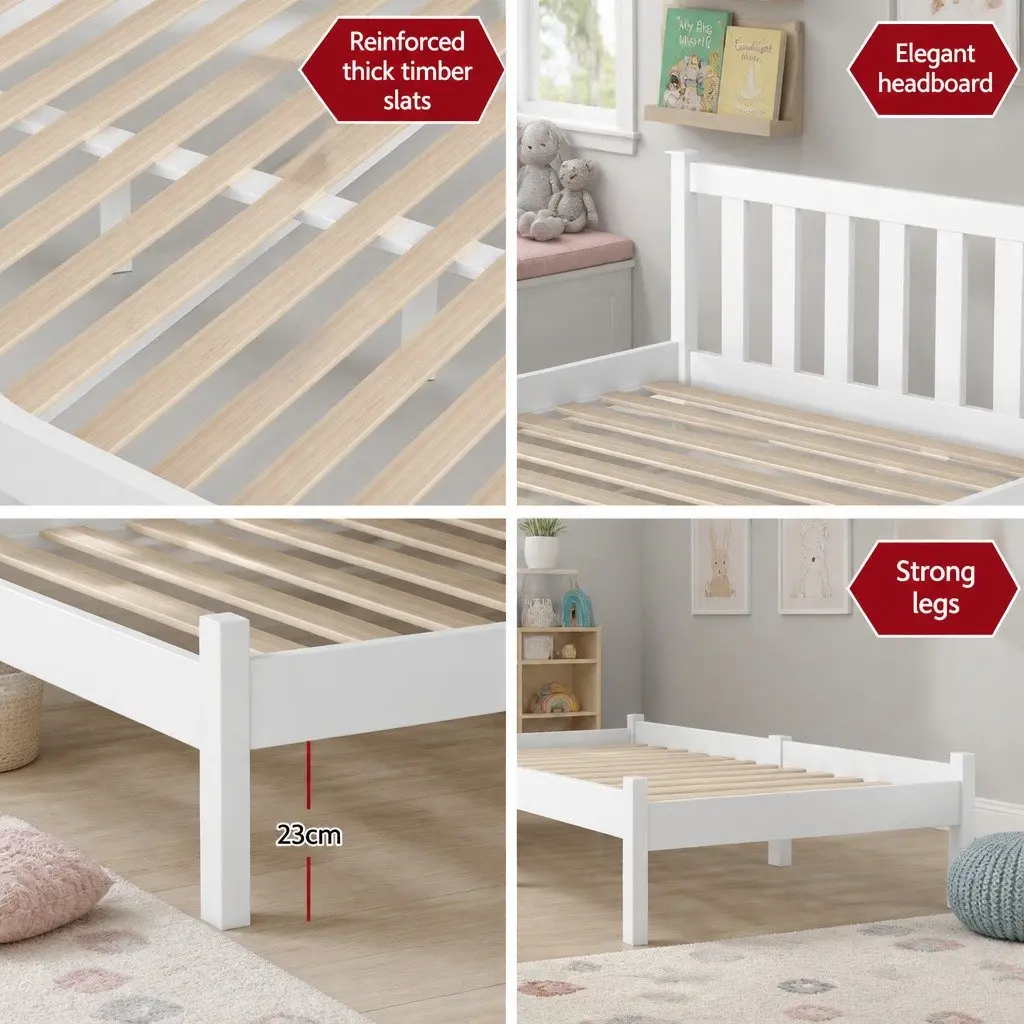 King Single Bed Frame White Pine Timber Solid Construction with Headboard