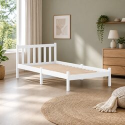 Elevate Your Space with This White Wooden Single Bed Frame