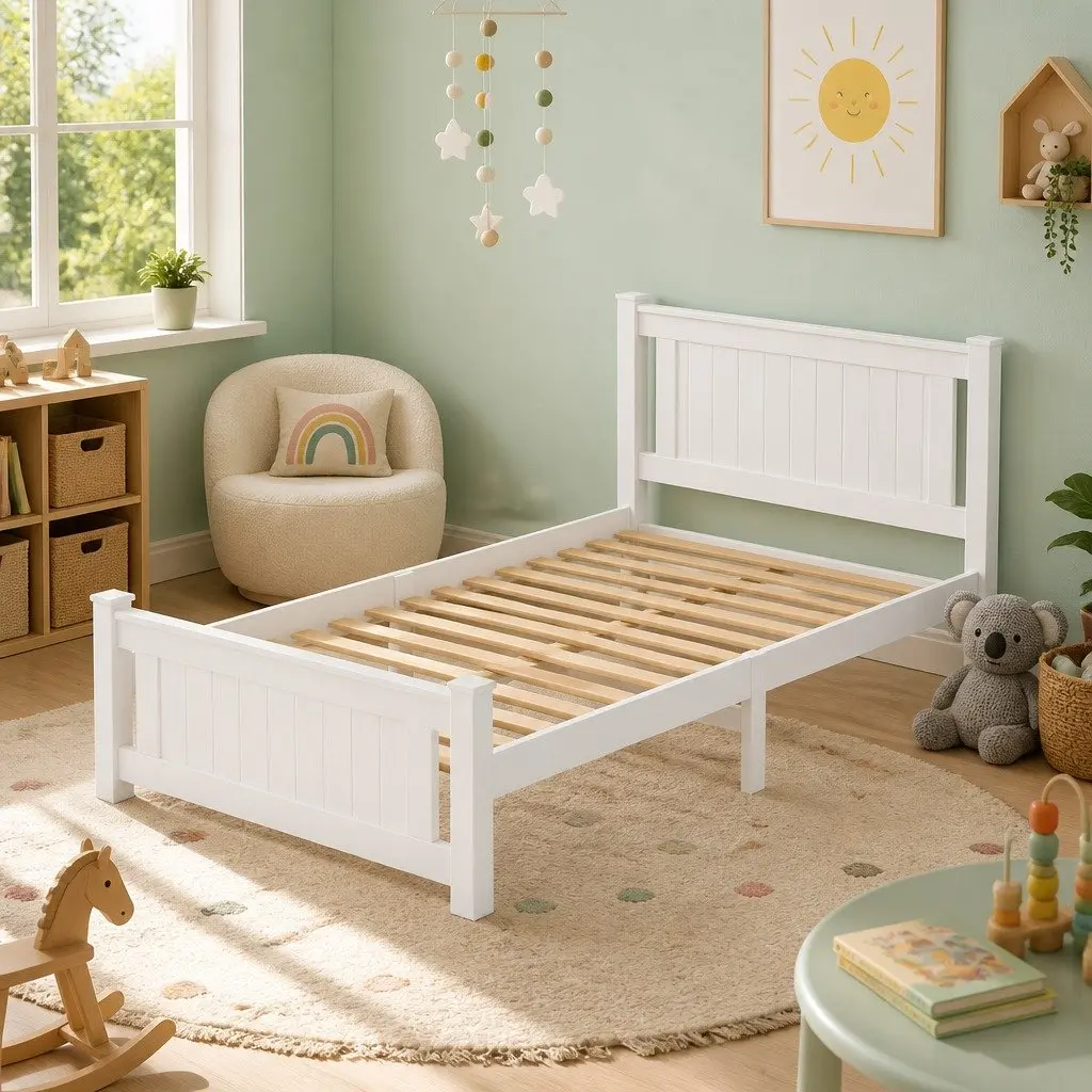 King Single Size Bed Frame White Wooden Platform with 2 Underbed Storage Drawers