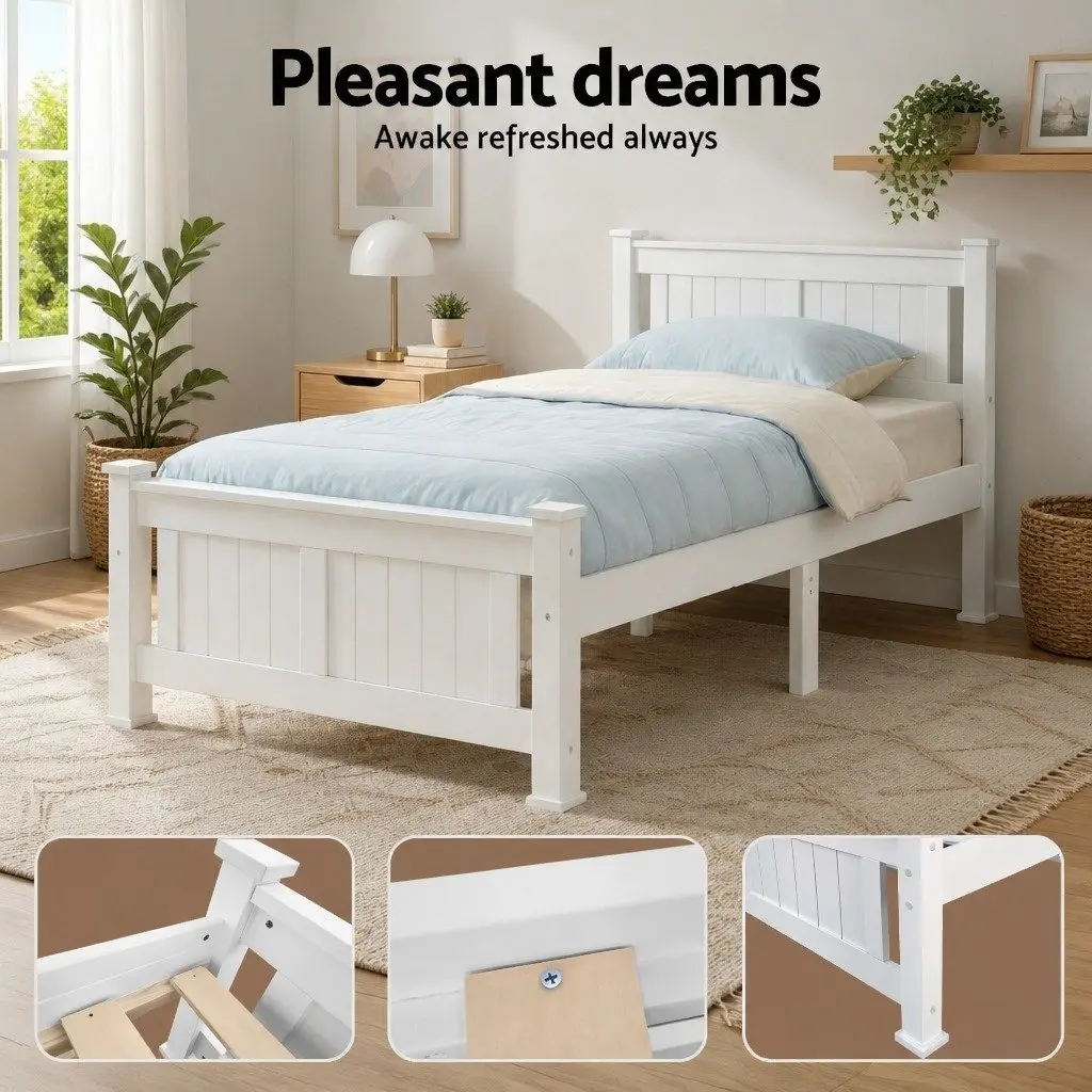 King Single Bed Frame White Solid Pine Wood Headboard Slat Base