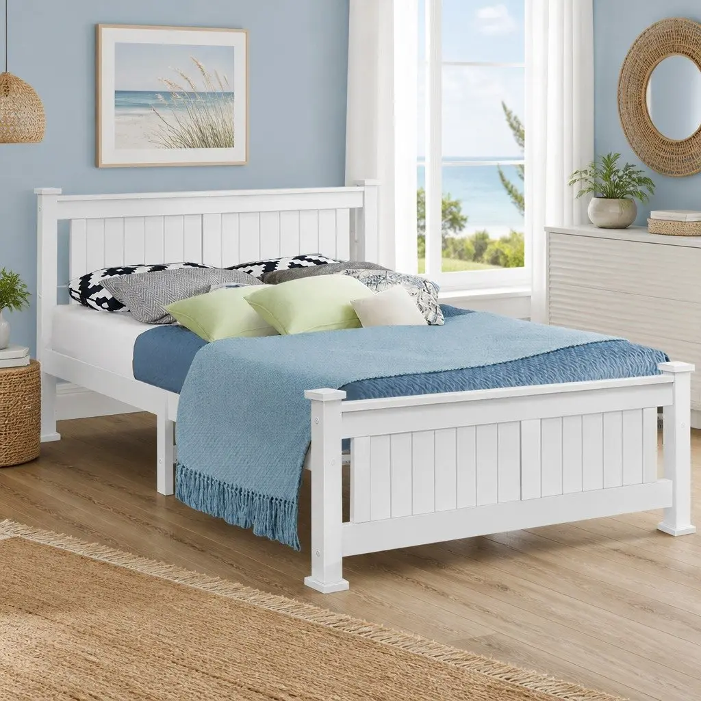 Queen Bed Frame Wooden Pine White with Headboard Sturdy Construction