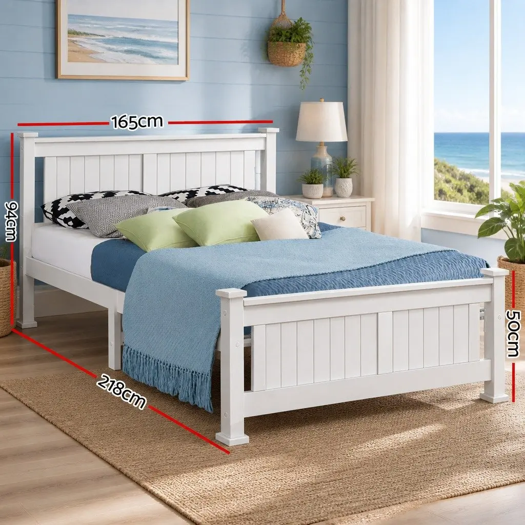 Queen Bed Frame Wooden Pine White with Headboard Sturdy Construction