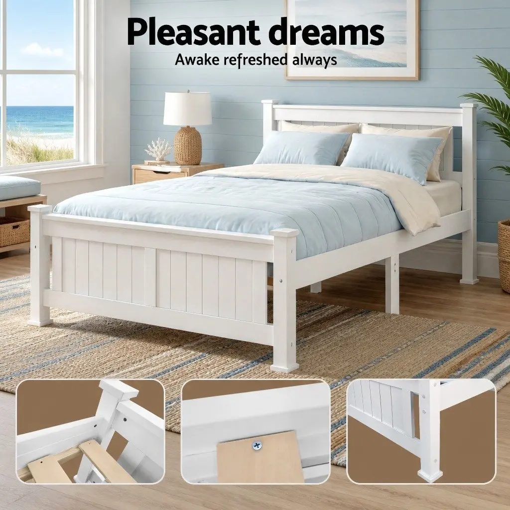 Queen Bed Frame Wooden Pine White with Headboard Sturdy Construction