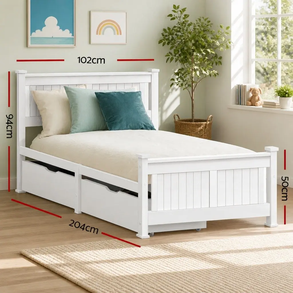 Single Bed Frame White Wooden with 2 Storage Drawers Slat Base for Kids Adults