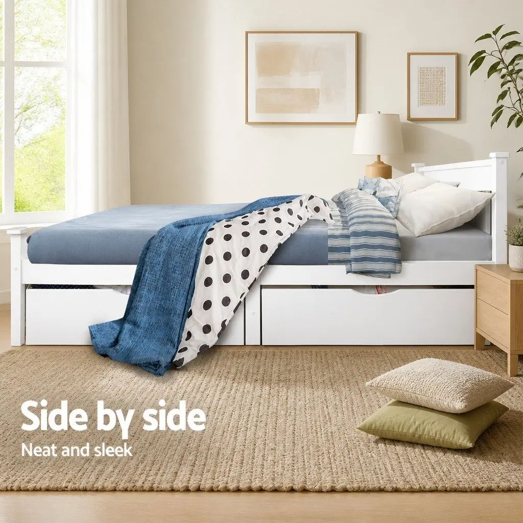 Wooden Trundle Drawer Set White 2 Piece Underbed Storage Drawers with Smooth Castors
