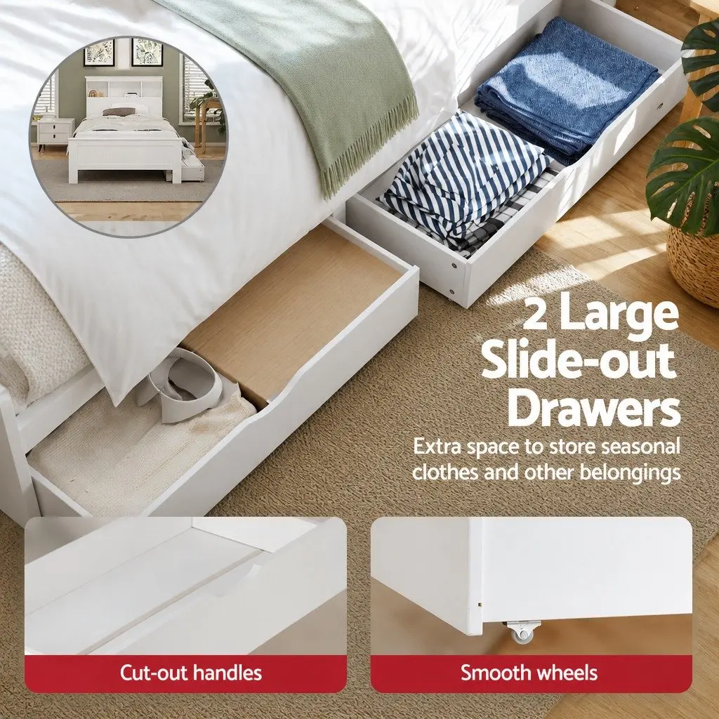 King Single Bed Frame Wooden White Storage Drawers Headboard Shelves