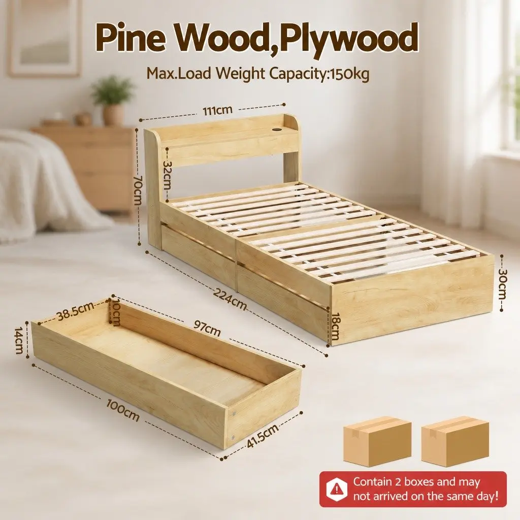 King Single Bed Frame with Storage Drawers and USB Ports Natural Wood Finish