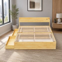 Queen Size Bed Frame with USB Charging Ports Storage Drawers and Headboard