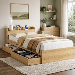Single Bed Frame with 2 Storage Drawers USB Charging Ports Wooden Slat Platform