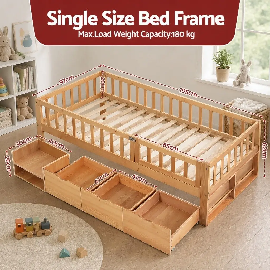 Kids Single Bed Frame with 3 Storage Drawers Safety Rail Natural