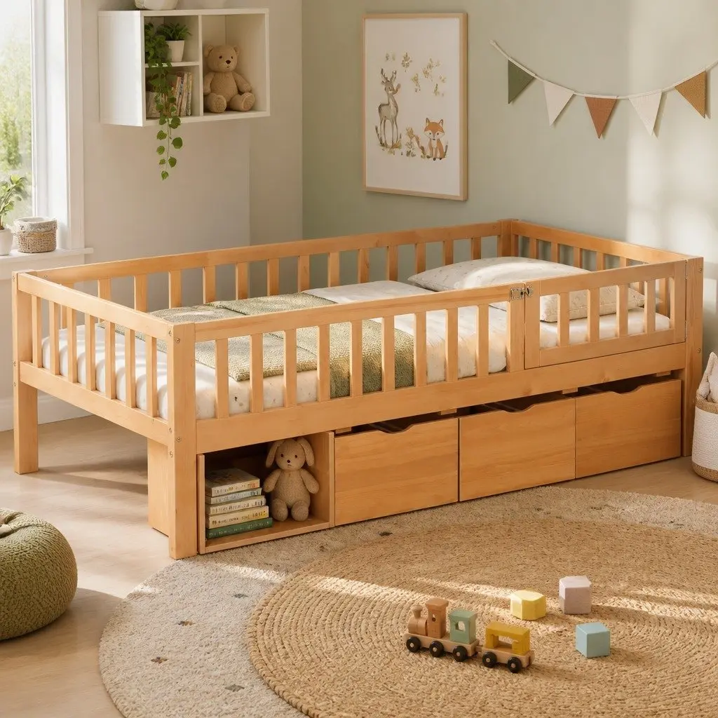 Kids Single Bed Frame with 3 Storage Drawers Safety Rail Natural