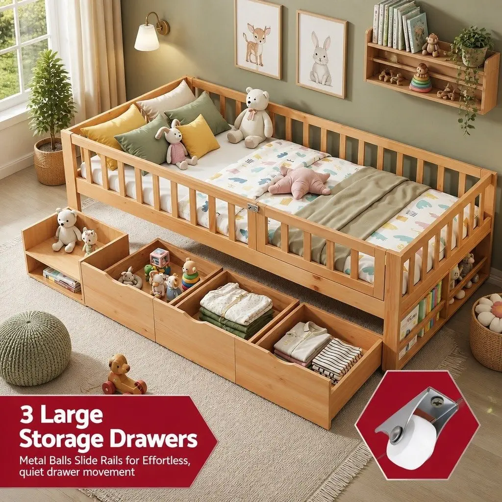 Kids Single Bed Frame with 3 Storage Drawers Safety Rail Natural