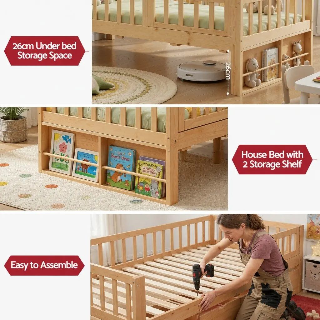 Kids Single Bed Frame with 3 Storage Drawers Safety Rail Natural
