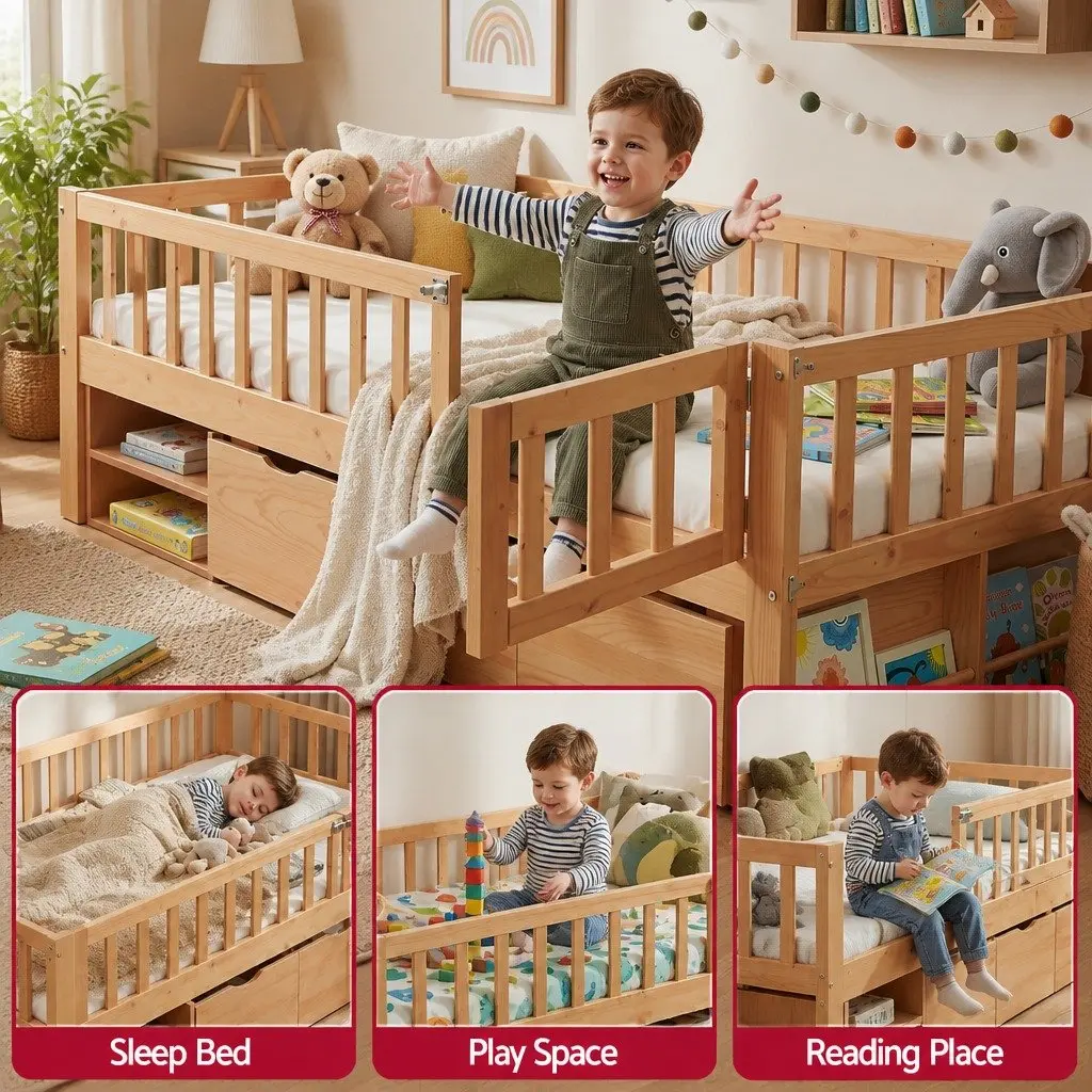 Kids Single Bed Frame with 3 Storage Drawers Safety Rail Natural