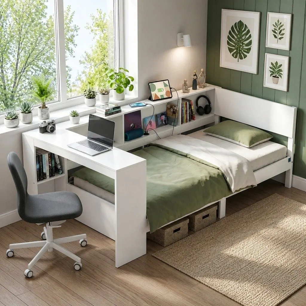 Corner Bed Frame Featuring Desk and Storage