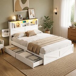 Queen Bed Frame with Storage Drawers White Platform Bedframe Bookcase Headboard