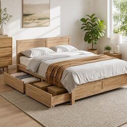 Queen Size Bed Frame with Storage Drawers Wooden Bedroom Furniture Slat Base