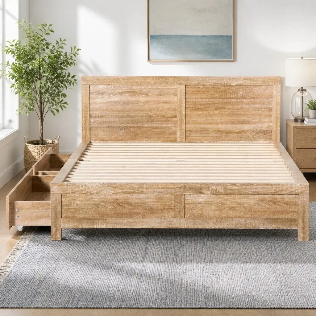 Queen Size Bed Frame with Storage Drawers Wooden Bedroom Furniture Slat Base
