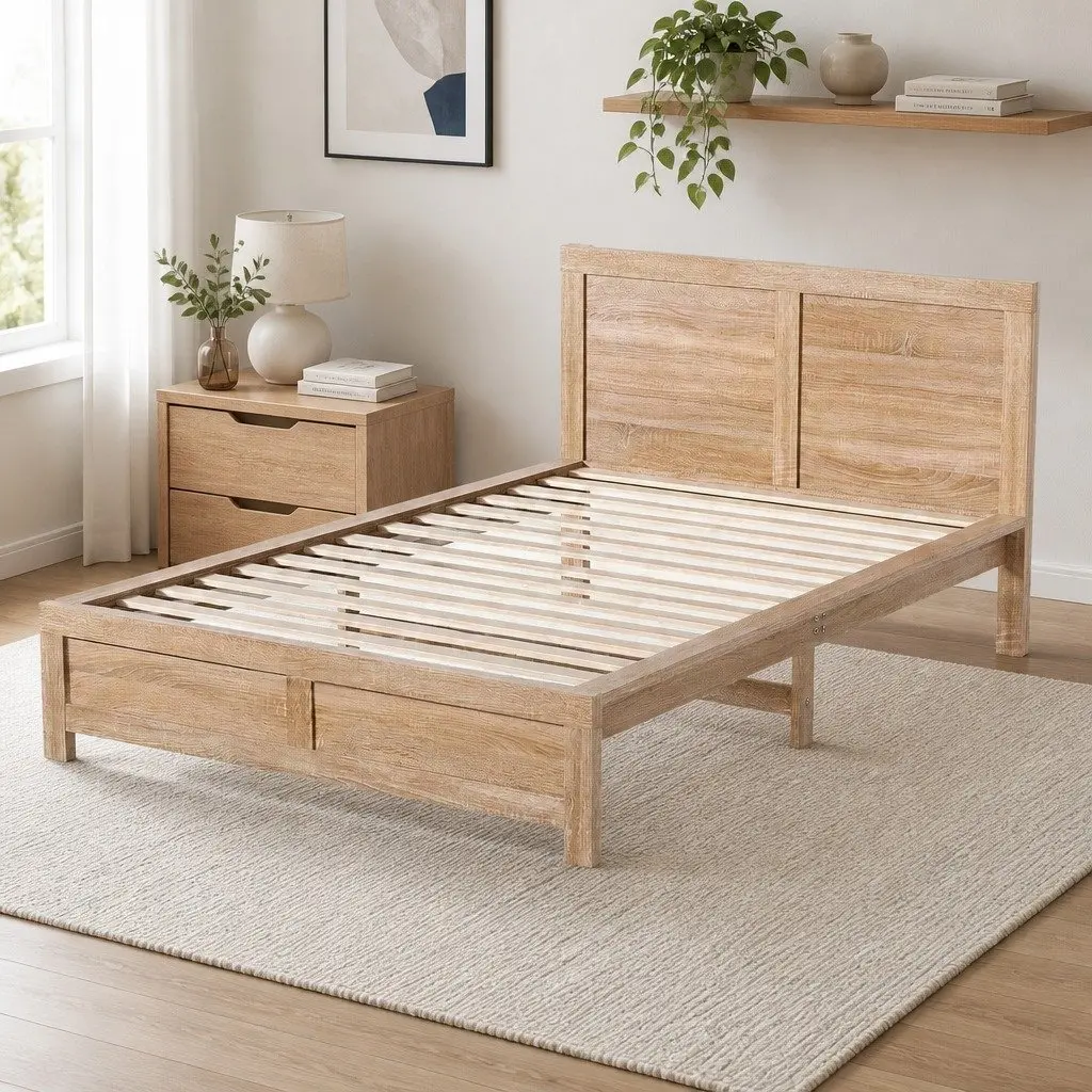 Single Bed Frame Walnut Colour Wooden Base Durable Construction for Adults Kids Bedroom