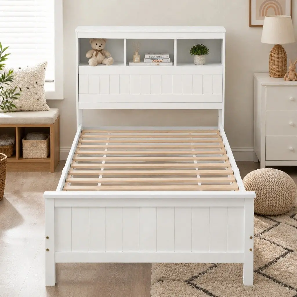 Single Bed Frame White Wooden Bed Base with Storage Headboard and Footboard