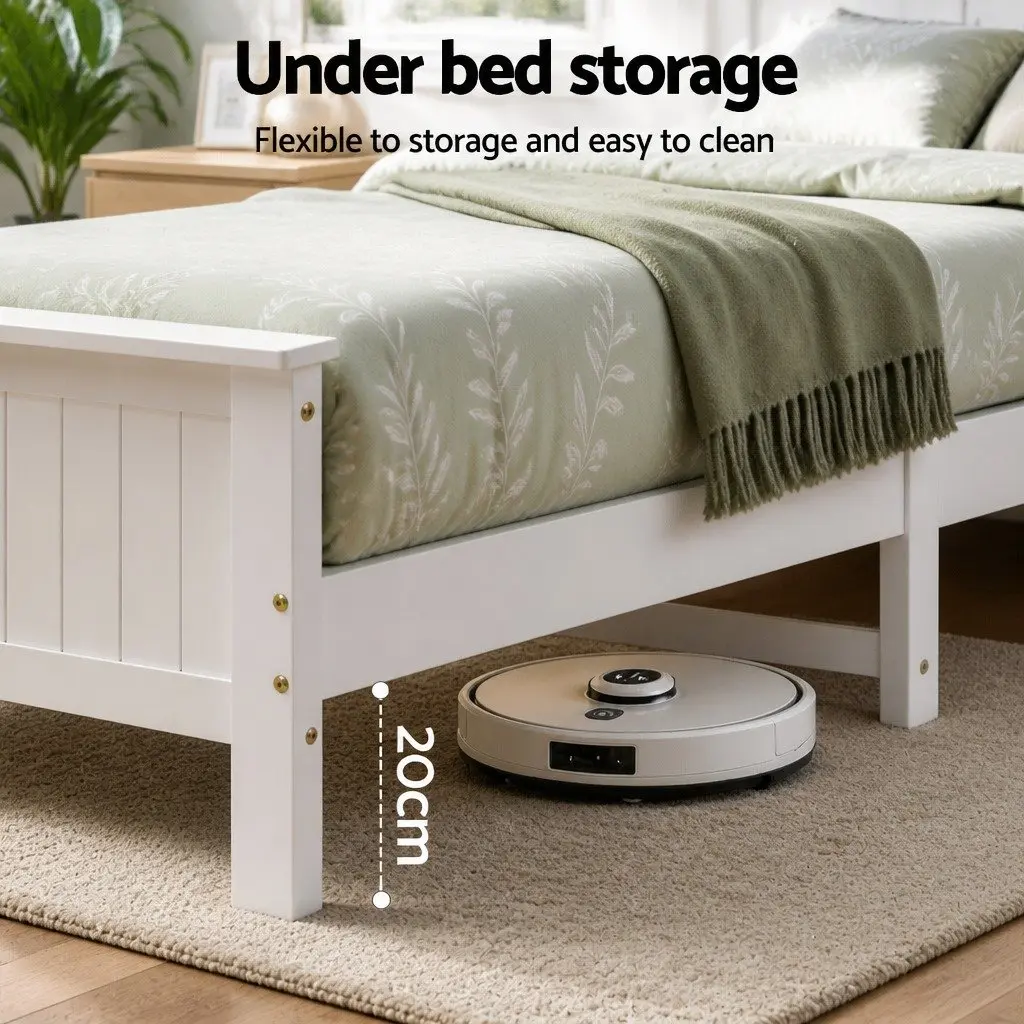 Single Bed Frame White Wooden Bed Base with Storage Headboard and Footboard