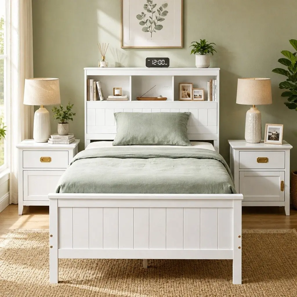 Single Bed Frame White Wooden Bed Base with Storage Headboard and Footboard