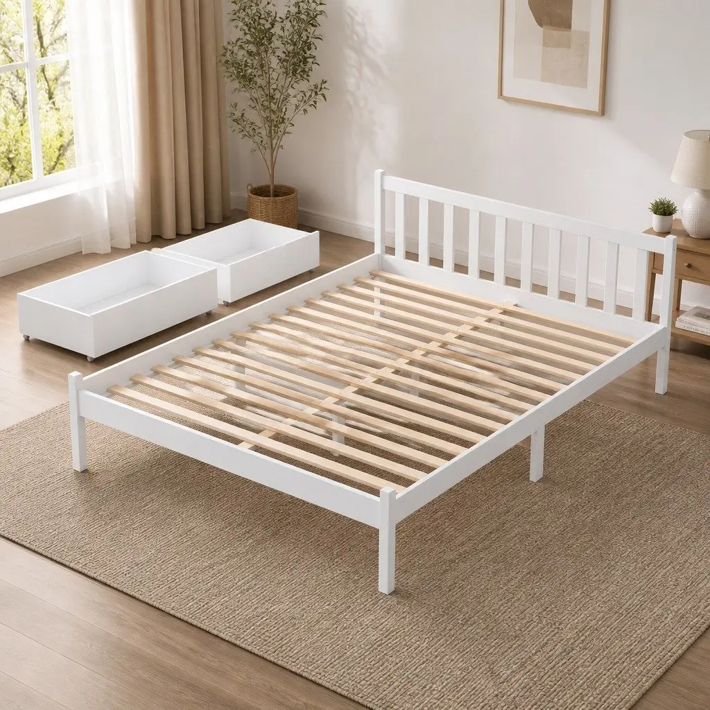Double Bed Frame Pine Wood White with Storage Drawers