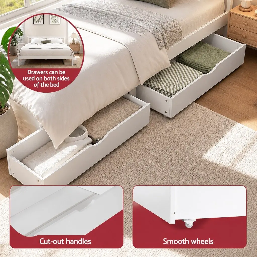 Double Bed Frame Pine Wood White with Storage Drawers
